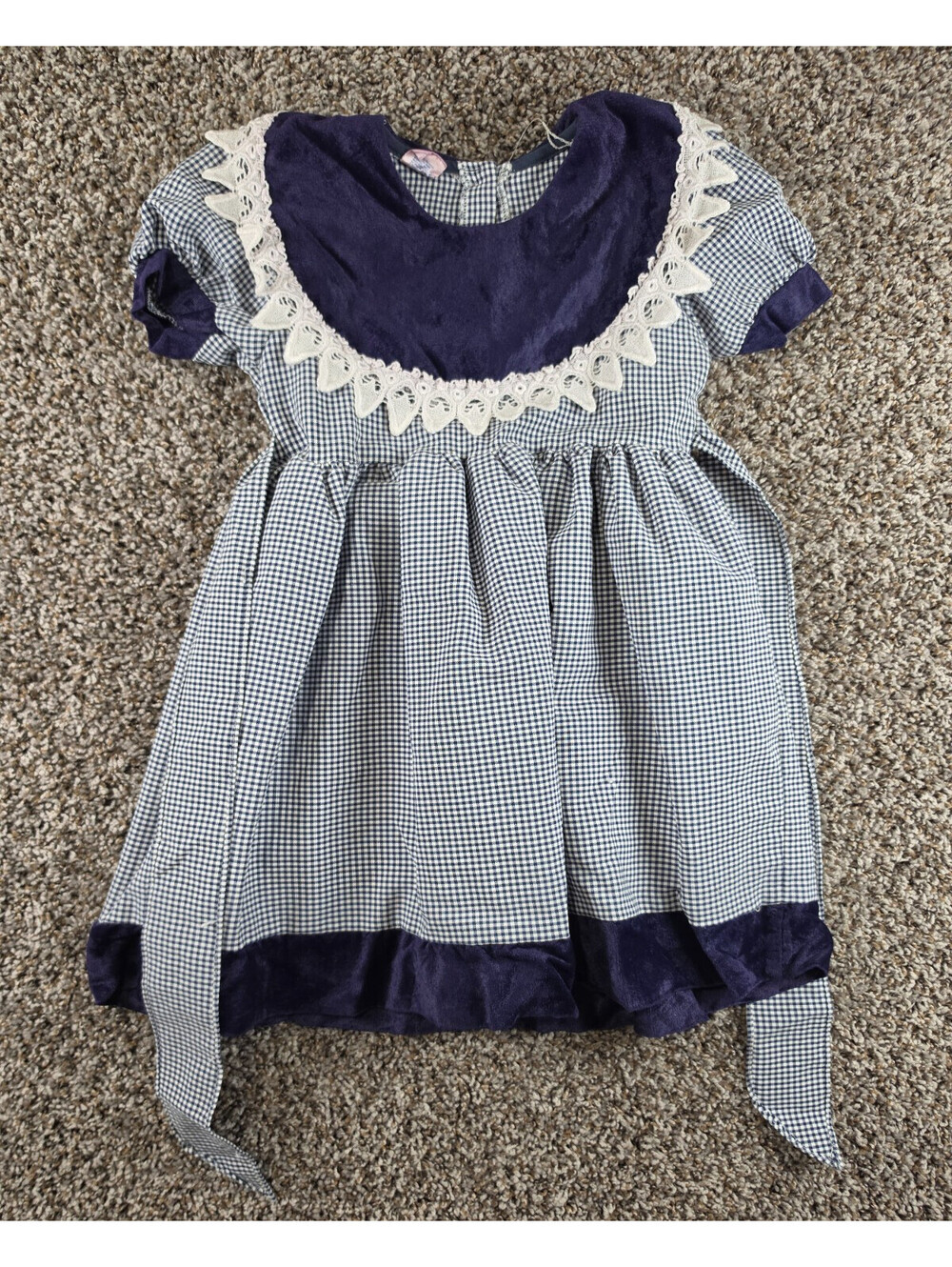Vintage Girls Sz 6 A Line Puff Sleeve Gingham Dress Blue White Velvet Bib Front